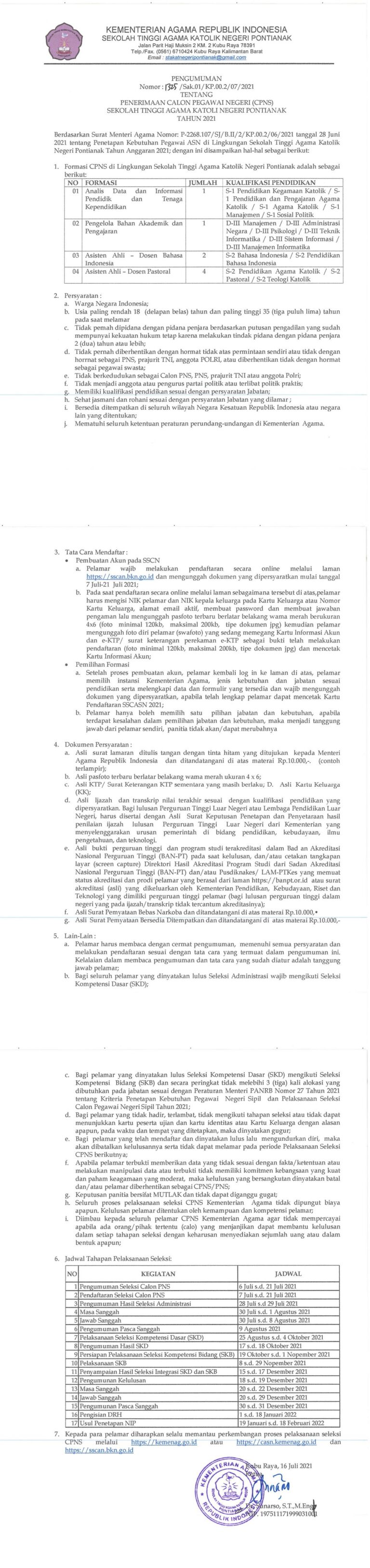 Pengumuman Penerimaan CPNS STAKat Negeri Pontianak 2021